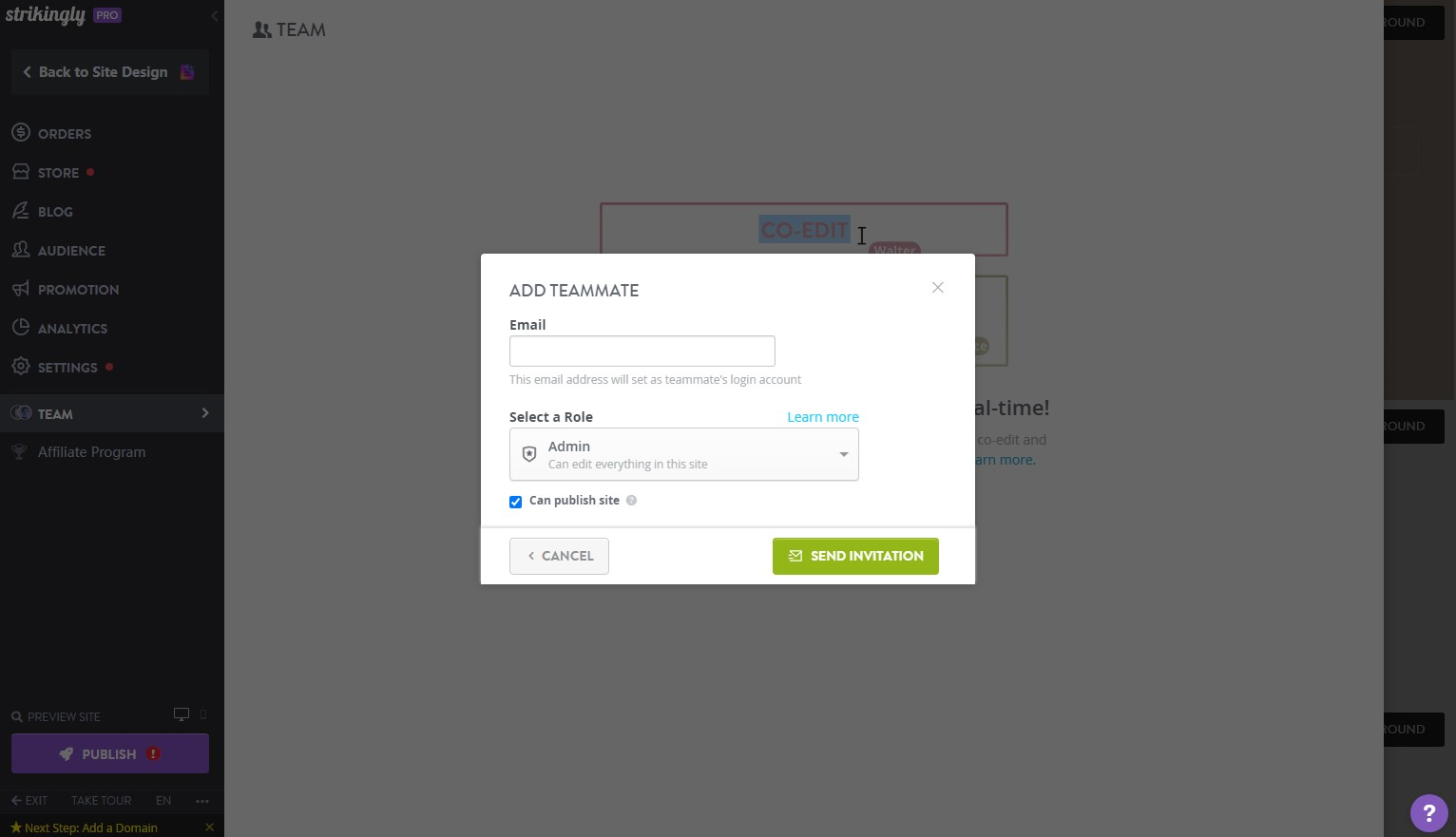 Strikingly Site Editor Teammate Addition Strikingly Site Editor Teammate Addition
